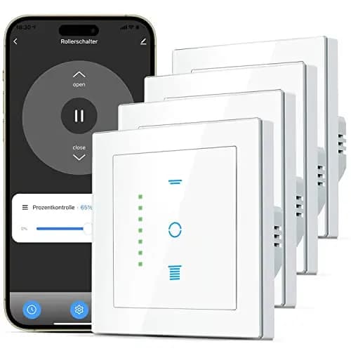 WLAN Rollladenschalter, [6 Gen] Jalousien Schalter mit steuerbarer LED, Smart Rolladen Zeitschaltuhr benötigt Nullleiter, Rolladensteuerung kompatibel mit Echo Alexa/Google, 4 Stücke
