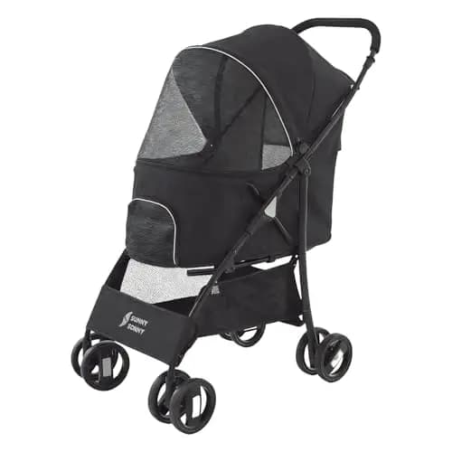 Sunny Sonny Faltbarer Jogger Haustier-Kinderwagen mit Wetterabdeckung, Aufbewahrungskorb, Haustier-Tragetasche für S/M Hunde und Katzen bis zu 15 kg (schwarz)