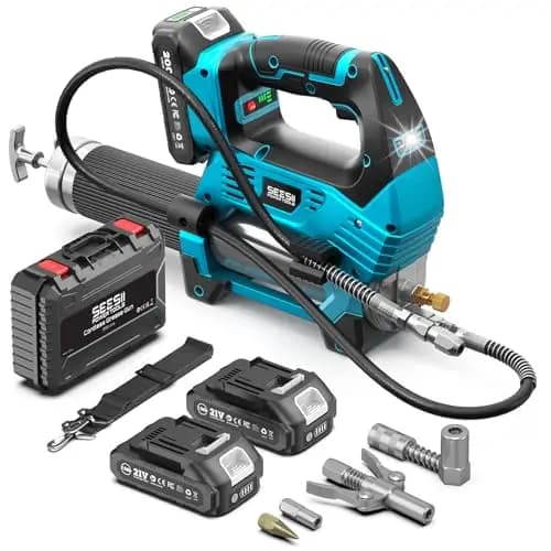 Seesii 12000PSI Akku Fettpresse Set mit 2 Akkus (und kompatibel mit Makita 18V Akku), 3 Geschwindigkeiten, Bürstenlosem Motor, 3 Mundstück, 1m langem Schlauch, 90-Grad-Adapter und LED-Leuchte