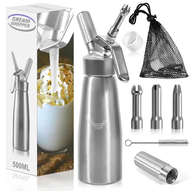 Sahnespender, 500ml Sahnesyphon mit 3 Deko-Düsen und 1 Reinigungbürste, 1 Netztasche, Auslaufsicherer Sahnesiphon