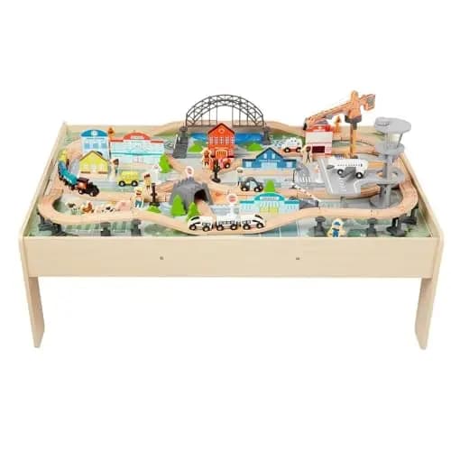 Amazon Basics 120-teiliges Eisenbahn-Set und Tisch, 120,4 x 85 x 41 cm, Verschiedene