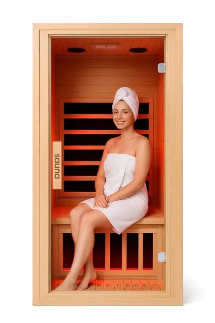 1-Personen Ferninfrarot-Sauna | 1350W mit Niederfeld-Technologie | 6 Infrarotstrahler & LED-Lichttherapie | Heimsauna aus Hemlockholz mit Bluetooth & einfacher Montage
