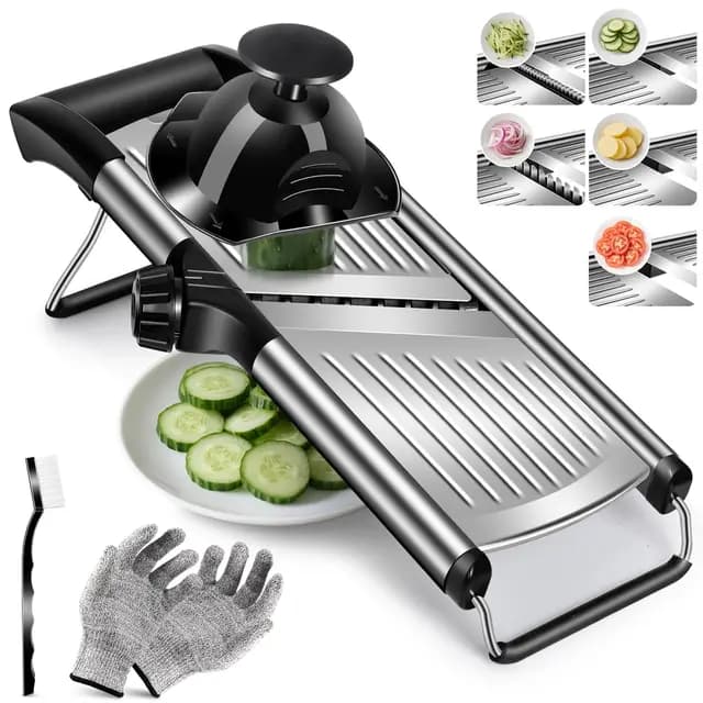 MASTERTOP Gemüsehobel Mandoline, 5-In-1 Edelstahl Gemüseschneider mit Klingenschützer, Reibe für Gemüse, Verstellbar Gurkenhobel Dünne Scheiben, Mehrzweck Küchenhobel Küchenreibe, Küchen Gadgets