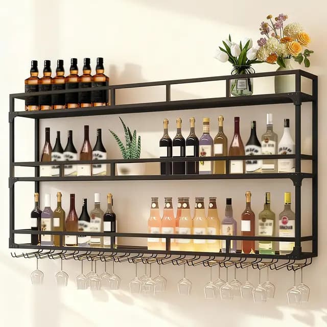 Weinregal Wand, 3 Ebenen Wand-Weinregale mit Glashalter, Multi funktionaler Weinpareite Display Rack,Weinflaschenhalter Wandmontage, für Zuhause, Bar, Küche, Restaurant (BLACK, 100*25*90cm)