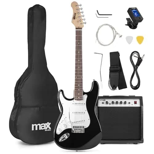 Max GigKit Linkshänder Gitarre Set, E Guitar, Elektrogitarre mit Verstärker 40 Watt, Tasche, Plektrum, Gurt, Stimmgerät, Instrumentenkabel, Ersatzsaiten, 4/4 Electric Guitar, E Gitarren Set