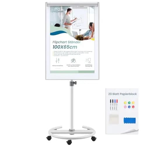 MAKELLO Flipchart Ständer 65x100cm Mobiles Whiteboard auf Rollen, Magnetisch Trocken Abwischbar, Höhenverstellbar, Rundfuß – Bild 1