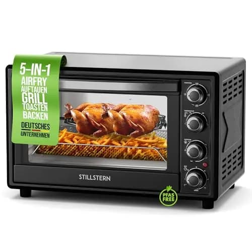 Stillstern Minibackofen mit Umluft 35L (DE Version) Pizza Ø28, CYCLONE PRO+ Antihaftbeschichtung, Auftauen, 2h Timer, Camping Mini Backofen Umluft Pizzaofen Mini Ofen klein Hähnchengrill mit Drehspieß