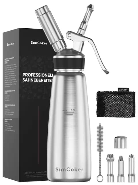 Sahnespender,Edelstahl Sahnesiphon 500ml,inklusive Ersatzteile 3 Spritztüllen und 1 Reinigungbürste, Schlagsahnebereiter,Deutsche Anweisungen