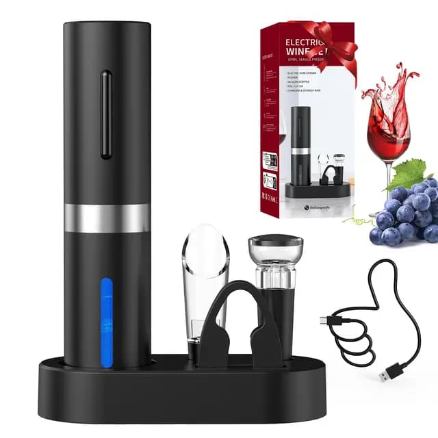 CIRCLE JOY Elektrischer Weinöffner-Set, Wiederaufladbares 5-in-1 Weinöffner-Geschenkset mit Ladestation, Folienschneider, Weinausgießer und Vakuum-Weinstopfen
