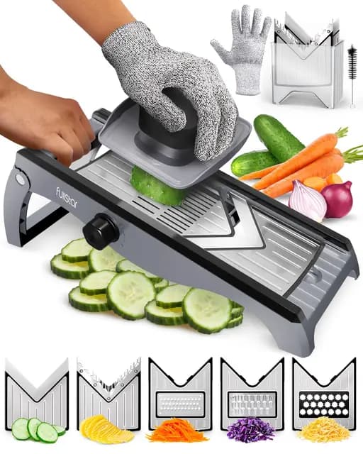 Fullstar 7-in-1 Mandoline Edelstahl Gemüsehobel - Verstellbarer Dünnschneider 1-4 mm - Mandoline mit Julienne-Klinge für Kartoffeln, Obst, Gemüse & Käse - Profi-Küchenhobel & Gurkenhobel