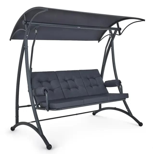 M MCombo 3-Sitzer Hollywoodschaukel mit Liegefunktion, 3 Extradickem Sitzkissen & Silent-Haken, Ruhige Gartenschaukel bis 300kg Belastbar, 193x119x185 cm, Schaukelbank Outdoor Wetterfest 4025 (grau)