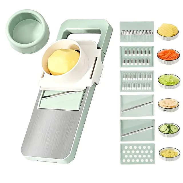 6 in 1 Gemüseschneider mit Handschutz, Multifunktional Gemüsehobel, Reibe für Gemüse, Julienneschneider, Vegetable Chopper, Hobel Gemüse für Stifte, Scheiben (Grün)