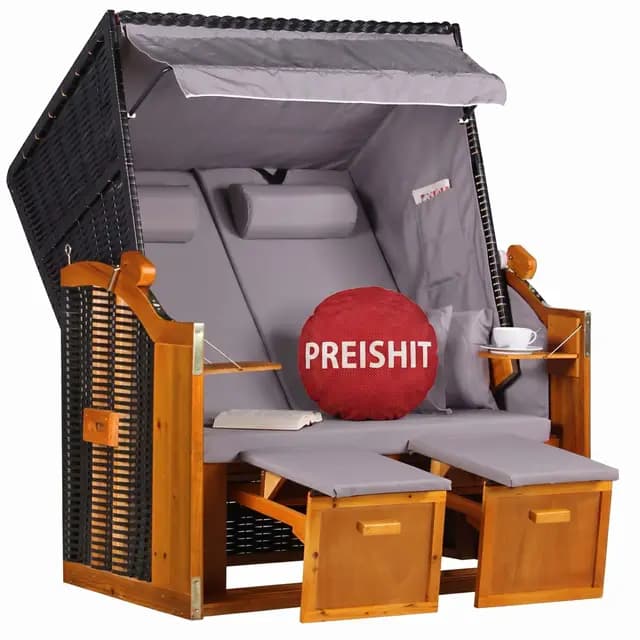 MR. DEKO® Strandkorb Ostsee Volllieger 2-Sitzer | PE Geflecht Schwarz Bezug Uni grau | inkl. 4 Kissen & Klapptisch | Strandstuhl verstellbar | Strandkörbe aus Hartholz mit Fußablage (Dessin Uni Grau)