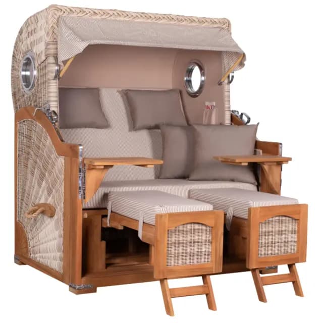 MR. DEKO® Strandkorb Düne Grande XL 2,5-Sitzer Teak | PE Geflecht Shell - Dessin 510 | Volllieger Strandstuhl mit Bullauge inkl. 2 Fußablagen | je 2 Kissen und Nackenkissen | Strandkörbe aus Teakholz