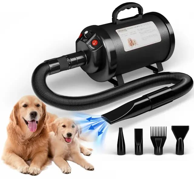 Hundefön Blower Sehr Leise 5.2 PS / 3800W Motor Einstellbare Geschwindigkeit, Hundepflege-Trockner-Gebläse mit 4 verschiedenen Düsen elastischem Schlauch