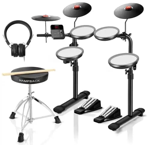 MK-0 Elektrisches Schlagzeug Set mit 4 Quiet Mesh Elektronischen Pads, 5 Zoll Kick Drum 12 Soundkits und 68 Authentische Sounds, USB MIDI, Thron, Sticks, Kopfhörer, 2 Schaltpedale für Anfänger