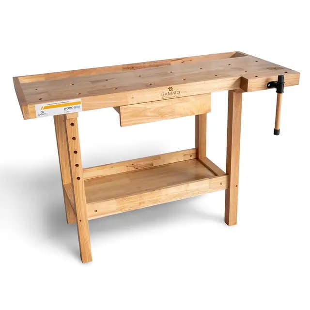 BAMATO Hobelbank WORK-1260 Werkbank Werkstatt für Hobby, Handwerker | Einfacher Aufbau | Inkl. je 4 Bankhaken aus Metall und Holz | Spannzange | Werkzeugablage