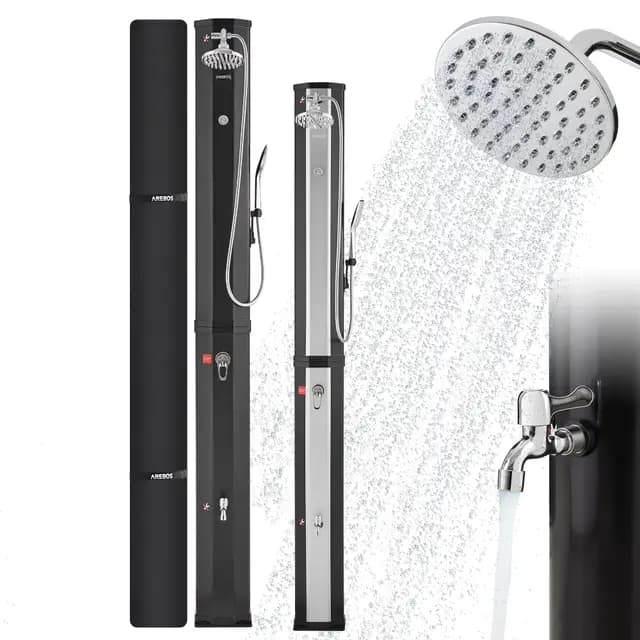 Arebos Solardusche 60 L | mit Handbrause & Thermometer | Wassertemperatur bis zu 60°C Pooldusche Camping | runder Duschkopf | Snap-In Technologie | Inkl. Abdeckhaube | Schwarz