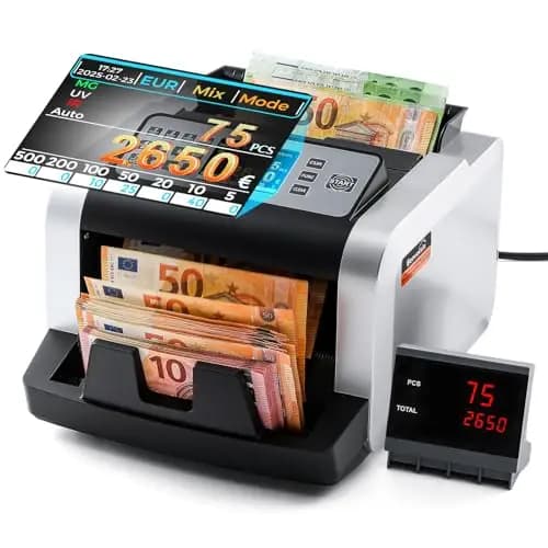 Bonvoisin Geldzählmaschine Scheine, Wertzählung für gemischte EUR-Banknoten mit UV/MG/IR-Falschgelderkennung, 1000 Stück/min, Professionell Banknotenzähler mit externem Display