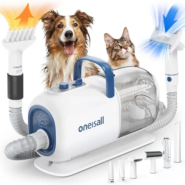 oneisall Hundeschermaschine mit Staubsauger Trockner, 2.5L Staubbehälter, 7 Stufen der Blastemperatur, Leise Schermaschine Hund Katze, Saugkraft 15000Pa, Profi Haustierpflegeset mit 8 Pflegewerkzeugen
