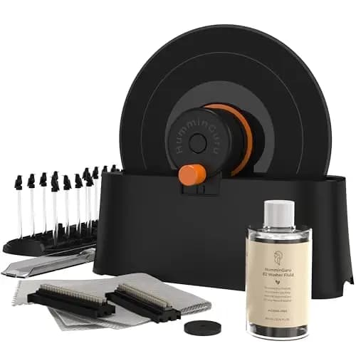 HumminGuru EZ Schallplattenwascher, Manuelle Schallplattenreiniger-Maschine mit Müheloser LP-Rotation & Sicherer Klemme, Schallplattenreinigungsset mit Ziegenhaarbürsten, Fluid, Trockengestell & Tuch