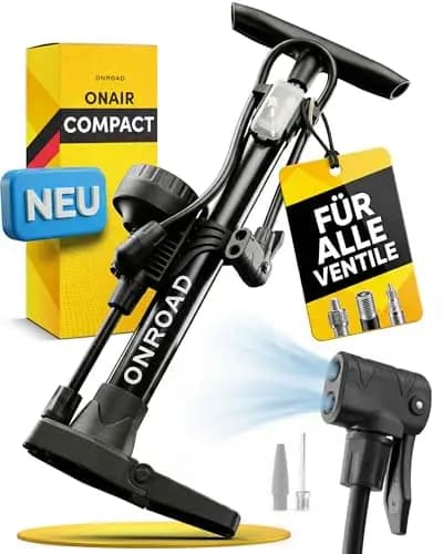 Fahrradpumpe alle Ventile (Presta/SV, AV, DV) – Luftpumpe Fahrrad ON‑AIR mit großem Manometer, Adaptern & Ballnadel, Leistungsstarke & hochwertige Standpumpe – Pumpe für Unterwegs & Zuhause