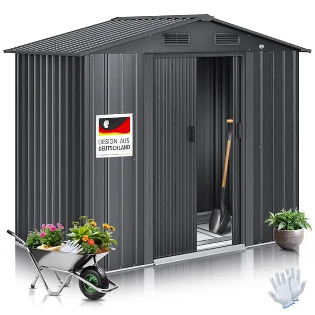 KESSER® XL Metall Gerätehaus 4,2m³ mit Fundament | Inkl. Arbeitshandschuhe | 195x131x186cm | 2X Schiebetür & Fundament | Geräteschuppen | Gartenhaus Schrank | Satteldachdach Garten Schuppen Anthrazit
