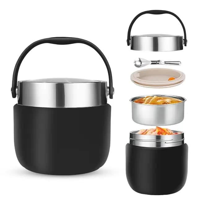 1200ml Thermobehälter für Essen Thermoschüssel mit Deckel Lunchbox Thermo Zur Aufbewahrung von Brei,Suppe,Obst,Joghurt und Mittagessen Schwarz