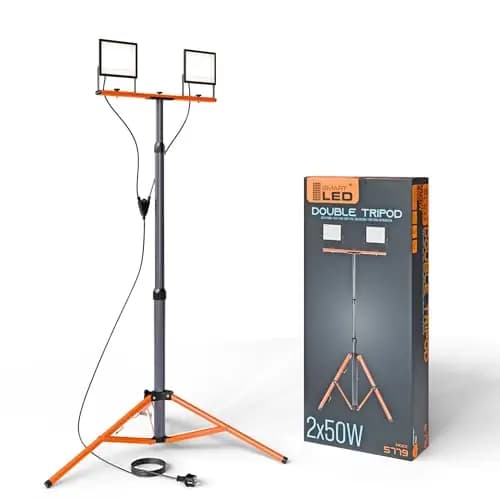 SmartLED Baustrahler Arbeitsstrahler mit Stativ 2x50W, LED Strahler 2x5500 Lumen, 1,60 m Einstellbar Teleskopisch, 360° Grad Drehung, 180 cm Kabel, IP65, kompakt und leicht (2x 50W 11000lm)