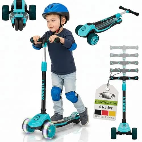 JUSKYS® Kinderroller Lumox Schwarz/Rosa/Blau - LED-Rollen, höhenverstellbarer Kinderscooter, klappbar & Hinterradbremse, Dreiradscooter