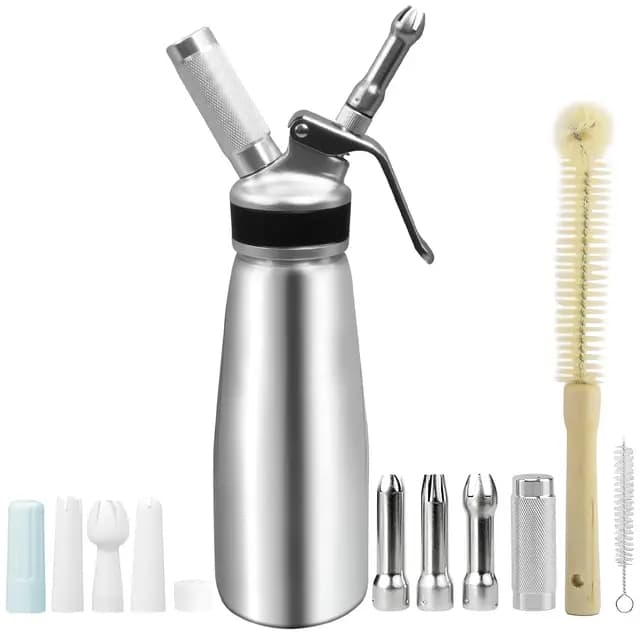 Sahnespender 500 ml aus Aluminium, Sahnebereiter mit 6 Dekordüsen, Schutzkappe und Reinigungsbürsten, Auslaufsicherer Sahnesiphon für Desserts und Kaffee
