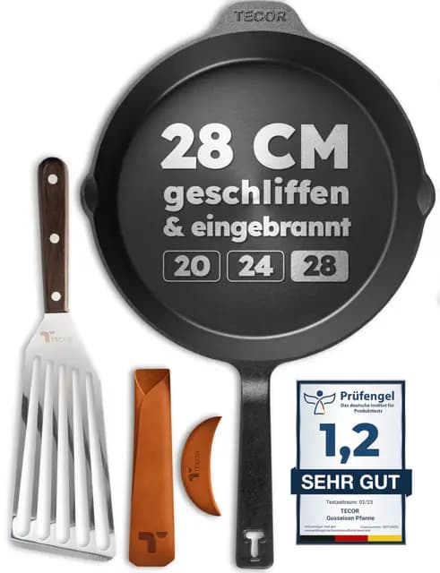 TECOR Gusseisenpfanne Induktion 28 cm geschliffen, universell, natürlich - Langlebige Pfanne Gusseisen induktion - Antihaft Gusspfanne induktion 28 cm einfach top Qualität - Cast iron pan induction