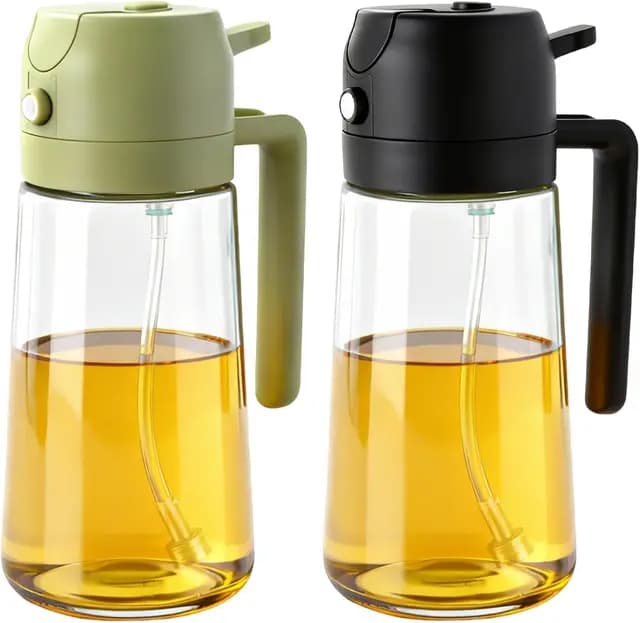 Glasölsprüher zum Kochen, 470 ml, 2-in-1-Ölspender mit Etikettenaufklebern und Portionskontrolle, Küchenhelfer für Luftfritteuse, Salat, Grillen, Braten (schwarz + grün), 2 Stück