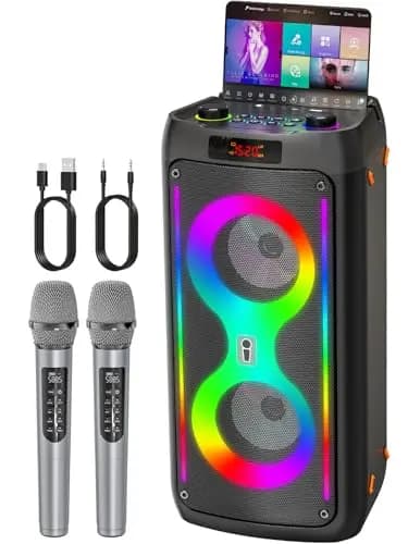 Karaoke-Maschine, Tragbarer Bluetooth-Lautsprecher mit 2 drahtlosen Mikrofonen für Erwachsene, PA-System mit Disco-Lichtern für große Party, Outdoor, unterstützt USB/TF/Rec/AUX