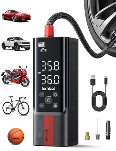 Lamicall Elektrische Luftpumpe, Akku Fahrradpumpe - [Upgrade Metallzylinder] 150PSI Schnelles Tragbare Kompressor mit Digital Manometer & Powerbank, Kabelloser Pumpe für Auto Fahrrad Motorrad Roller