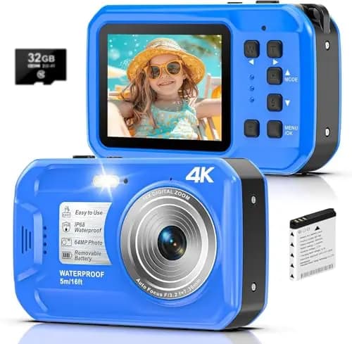 Unterwasserkamera, Yixinxin Digitalkamera wasserdichte 4K 64MP 16FT Autofokus wasserdichte Kamera zum Schnorcheln, IPS HD Bildschirm 16X Digitalzoom und 32GB Karte