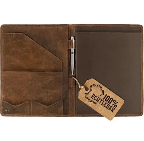Moonster Leder Portfolio - Vintage Ledermappe A4 Dokumente - Klemmbrett - Dokumentenmappe - Aktenmappe - Konferenzmappe - Schreibmappe A4 Leder Braun, 33 x 25 cm