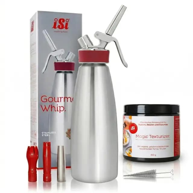 iSi Sahnespender 1l Edelstahl – Profi Sahnesyphon für Schlagsahne & Espuma – Gourmet Whip inkl 3 Tüllen & Reinigungsbürste – Sahnesiphon Flasche + Magic Texturizer