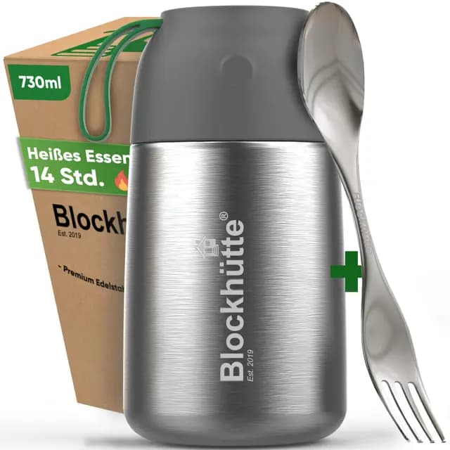 Blockhütte Thermobehälter Essen mit langem Löffel 730ml Edelstahl, Wärmebehälter für Speisen Arbeit, Essen Warmhalten Behälter mit weiter Öffnung, Thermo Essensbehälter 14h heiß & 19h kalt