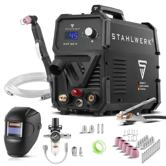 STAHLWERK Plasmaschneider CUT 50 P – Vollausstattung – Plasmaschneidgerät mit 15 bis 45 A, Schneidleistung bis 15 mm, Plasma Cutter mit HF-Pilotzündung, Smart-Kühlung, einfache Bedienung, viel Zubehör