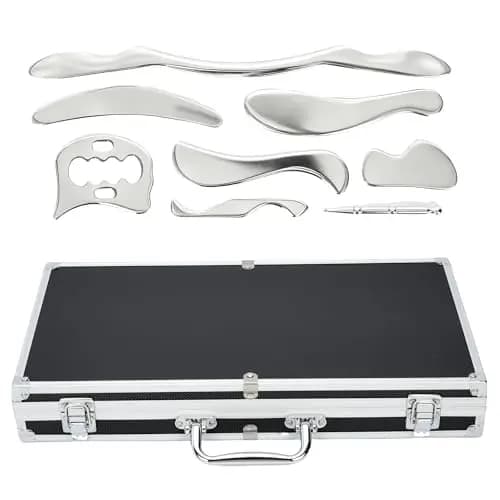 8 in 1 Gua Sha Schaber Set Edelstahl Muscle Scraper Tool 4mm Dick Physical Therapy Body Gua Sha mit Organisator Weichgewebe Massagetools für SPA, Massage Verringerung Muskelschmerzen, Skin Care