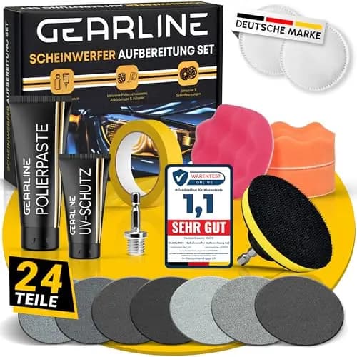 Scheinwerfer Aufbereitung Set [24 Teile] - Polierset für matte & blinde Scheinwerfer - Inkl. UV-Schutz, Polierpaste, Adapter & 14 Schleifscheiben - Auto Polierset zur Aufbereitung
