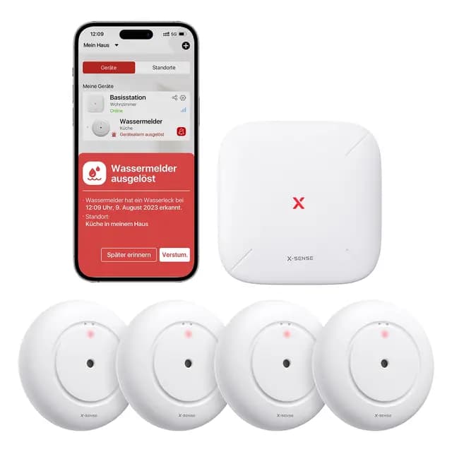 X-Sense Smart Wassermelder, WLAN Wassersensor, kompakter Überschwemmungssensor mit Einstellbarer Lautstärke von bis zu 110 dB sowie 500 m Reichweite, für Küchen, Keller und Badezimmer, SWS55