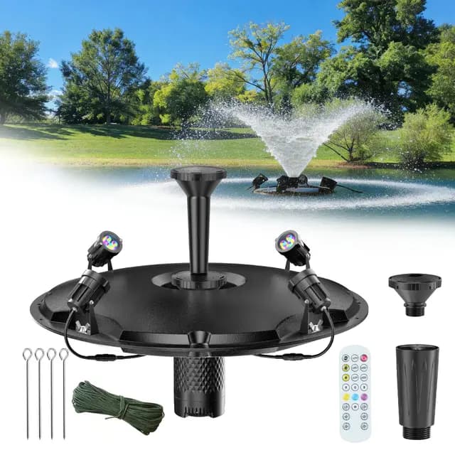 POPOSOAP Schwimmende Teichfontäne & Belüftung Komplett-Set mit LED-Leuchten, 6000 L/h Hochleistungs-Wasserpumpe, 9m Stromkabel, 3 Spritzmuster für Teiche, Pools, Seen & WasserGärten