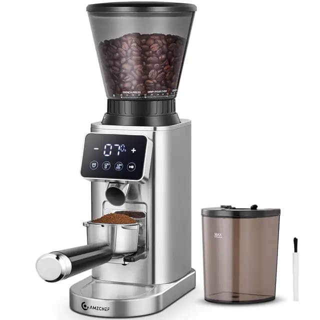 AMZCHEF Kaffeemühle Elektrisch mit 48 Mahlgraden, Antistatik-System, Touchpanel,300g Bohnenbehälter, Edelstahlgehäuse, Kegelmahlwerk für Espresso, Filterkaffee