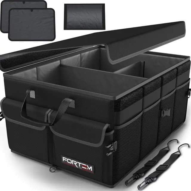 FORTEM Kofferraum Organizer Auto -Zusammenklappbarer Auto Organizer Kofferraum Mit Fächern- Kofferraumtasche Klett mit Rutschfestem Boden -Verstellbare Sicherungsriemen- Klappbarer Deckel (50L)