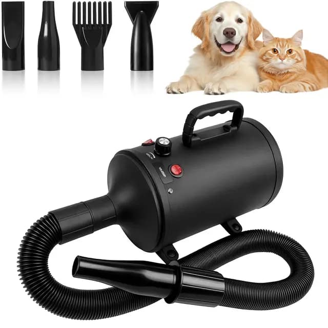 3200W Hundefön Blower Sehr Leise - 3200W Pet Dryer Hundetrockner Blower mit Einstellbarer Windgeschwindigkeit und Temperaturen, 4 Verschiedenen Düsen Elastischem Schlauch und Pflegebürst