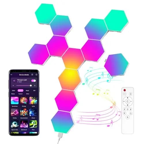 12 Pcs Hexagon LED Panels, Sechseck Gaming Deko LED Wandleuchte, Musik Sync, APP-Kontrolle, Fernbedienungen, Sechseck Waben Wall Lights Gaming Zubehör Hexa Lampe Smart Zuhause Wand Deko