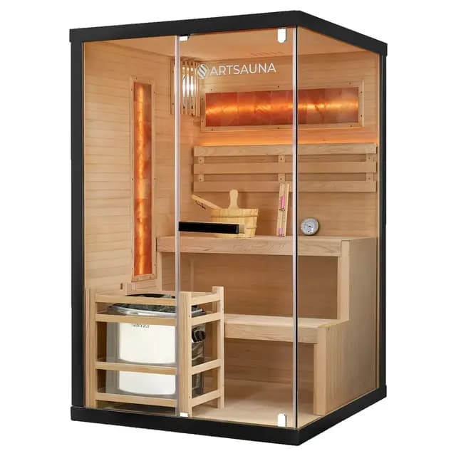 Artsauna Saunakabine Vantaa 120 mit Salzstein - Indoor Sauna 2 Personen - 3,5k W Ofen, Glasfront, LED Licht, Thermometer & Sanduhr - Komplett Set
