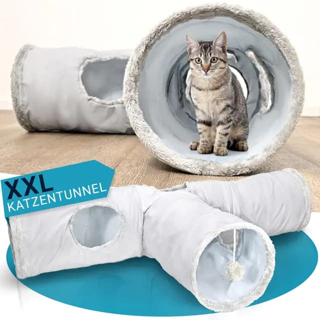 Katzentunnel XXL [für kleine und große Katzen] - robuster Spieltunnel zur Beschäftigung deiner Katze - 115cm Langer Tunnel mit verschiedenen Öffnungen inkl. Spielball